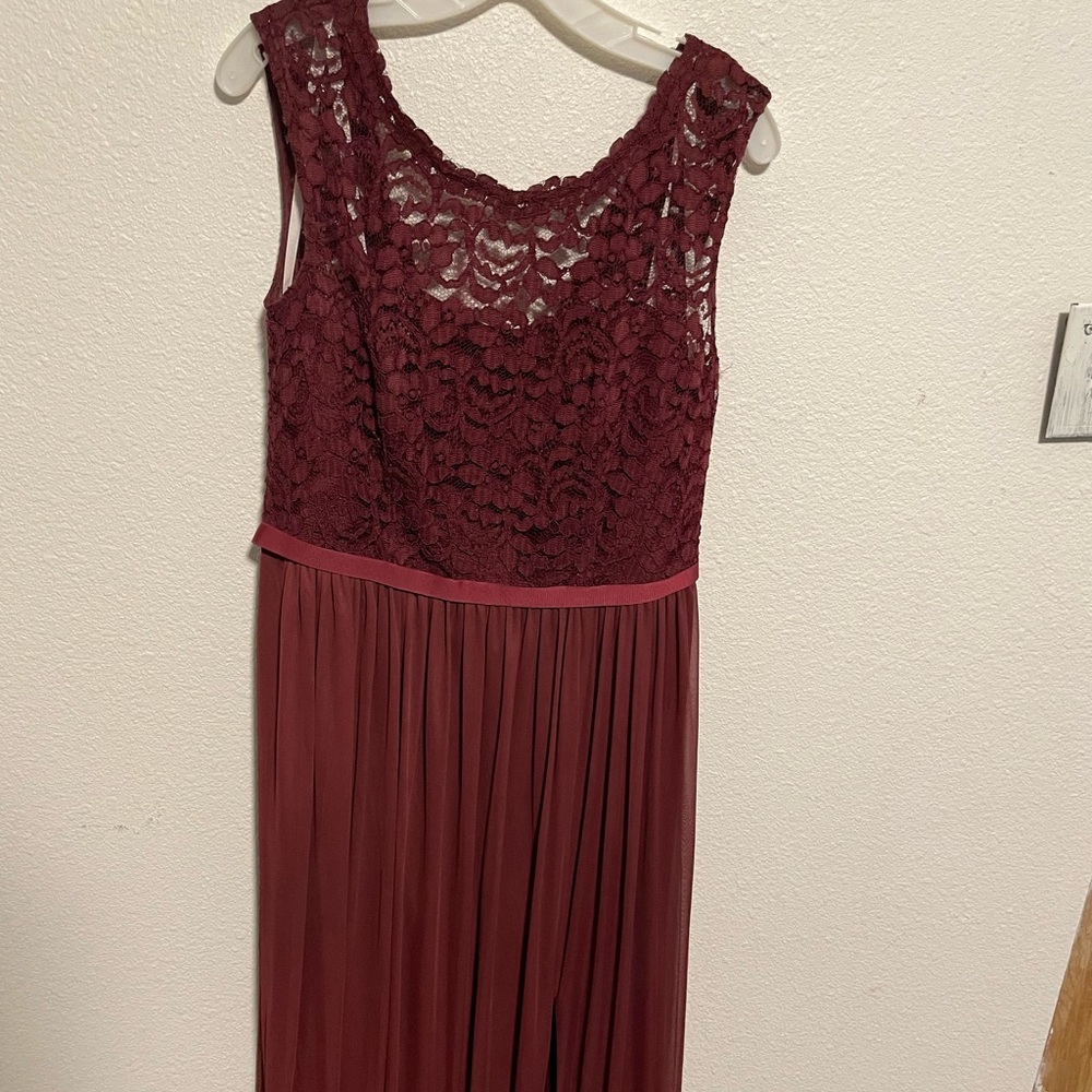 David’s bridal Wine lace top and long loose mesh flowing skirt bridesmaid dress